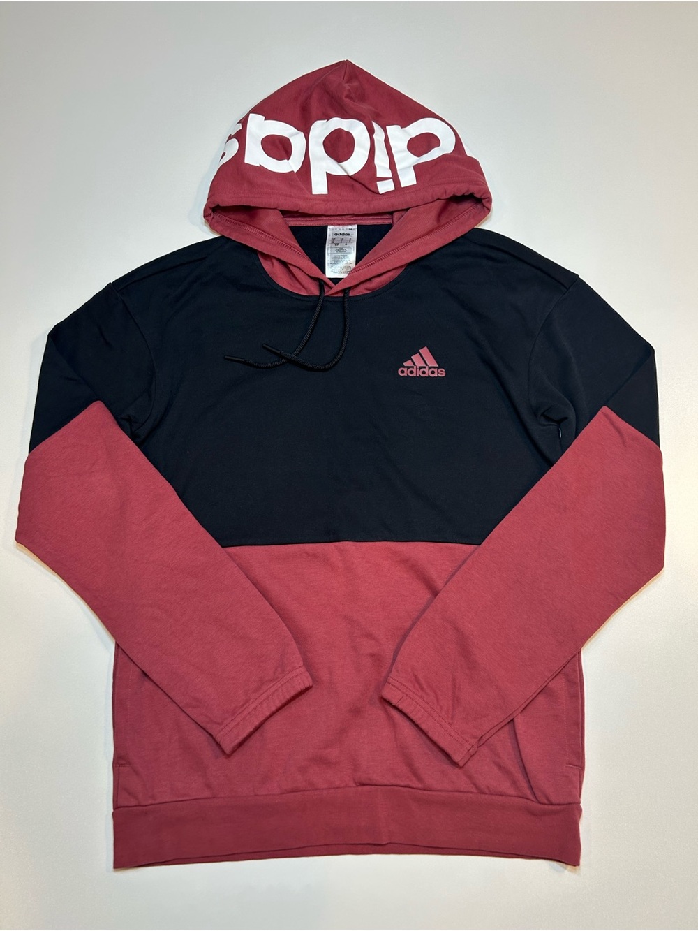 Adidas Colorblock Hoodie Burgundy Maroon Black Big Hood Logo Sweatshirt Medium